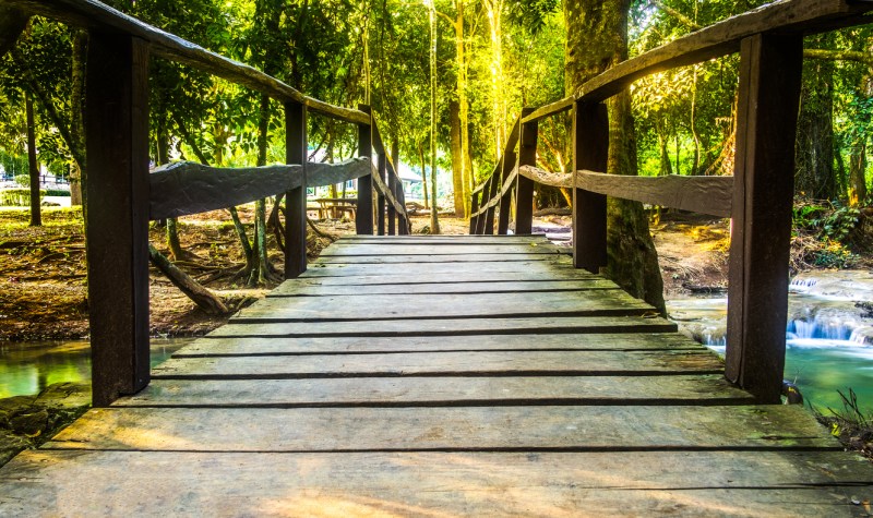 Beautiful bridge wood with Erawan Waterfall at National Park ,Kanchanaburi Province, Thailand